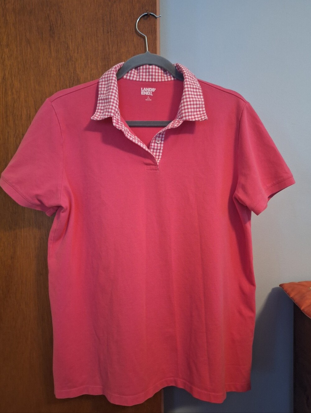 Lands' End EUC Women's Pink Short Sleeve Polo with White Gingham Collar Size L